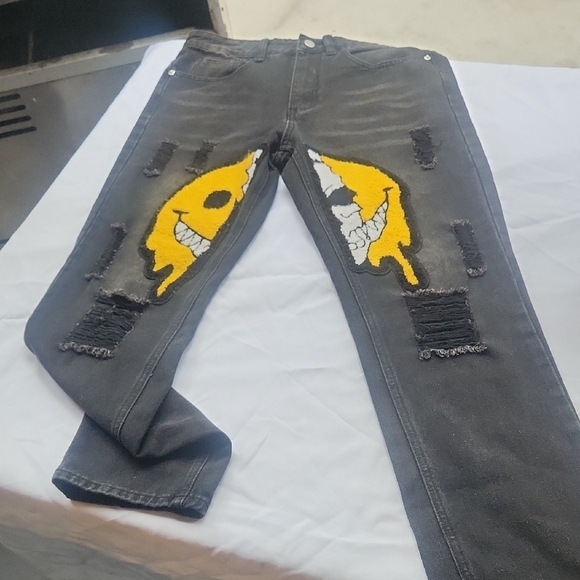 Black Distressed Jeans with Yellow Graphic - Picture 1 of 6
